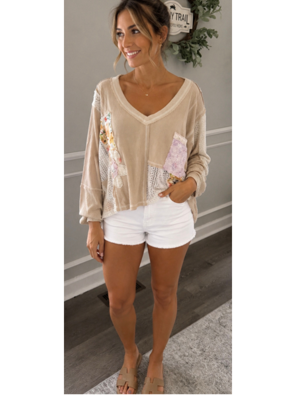 Women's POL Beige Patchwork V-Neck Sweater M